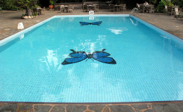 Tables by the pool.